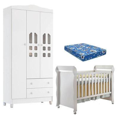 Berço Americano Mirelle E Guarda Roupa New Selena 3 Portas Branco Brilho Com Colchão Ortobom – Carolina Móveis