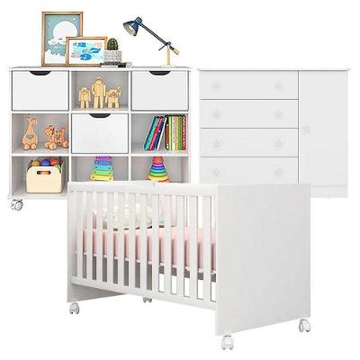 Berço Americano Doce Sonho 100 Com Rodízios E Cômoda 2561 Com Nicho Organizador 3 Gavetas Branco Brilho - Qmovi