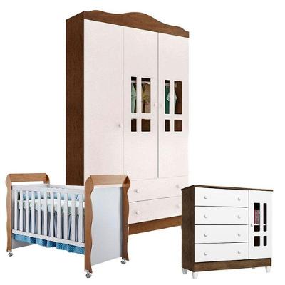 Quarto De Bebê Ariel 3 Portas Com Berço Mirelle Branco Acetinado Amadeirado – Carolina