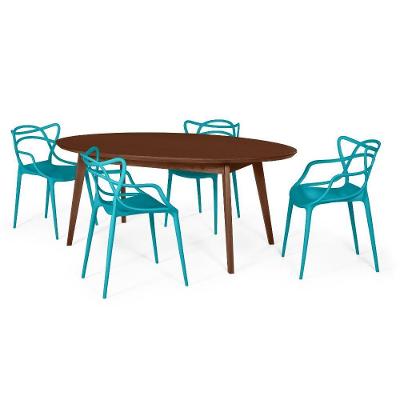 Conjunto Mesa De Jantar Oval Vértice Nozes 190Cm Com 4 Cadeiras Allegra - Turquesa