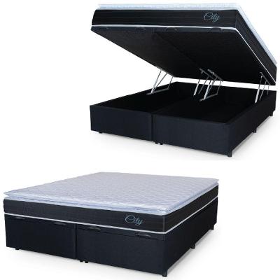 Cama Box Baú Casal King Colchão Com Molas Ensacadas City Pillow Top 193x203x64cm Hellen Preto/branco