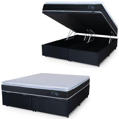 Cama Box Baú Casal Queen Colchão C/ Molas Ensacadas City Pillow Top 158x198x64cm Hellen Preto/branco