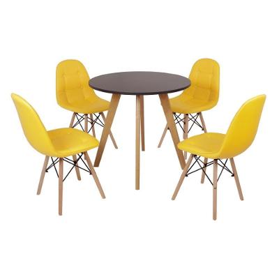 Mesa Laura 80cm Preta e 4 Cadeiras Eiffel Botonê Amarela