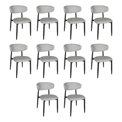 Kit 10 Cadeiras De Jantar Lucy Estrutura Aço Carbono Laminado Preto Com Estofado Linho Cinza