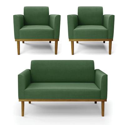 Sofá Namoradeira Com 2 Poltronas Base De Madeira Fixa Castanho Marisa Suede D03 - D?rossi Cor Verde