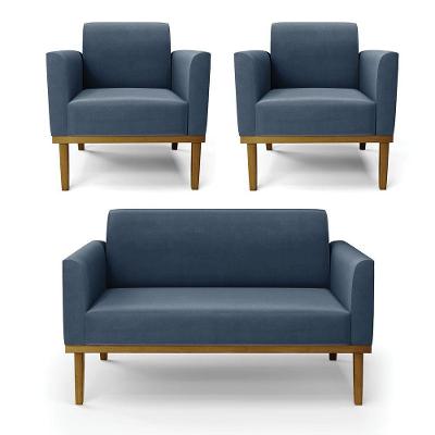 Sofá Namoradeira Com 2 Poltronas Base De Madeira Fixa Castanho Marisa Suede D03 - D?rossi Cor Azul Marinho