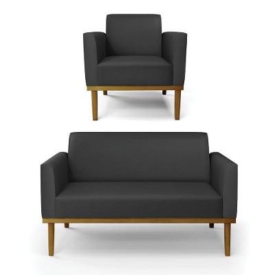 Sofá Namoradeira Com Poltrona Base De Madeira Fixa Castanho Marisa Corino D03 - D?rossi Cor Preto
