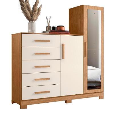 Comoda New Master Quarto Com 5 Gavetas 2 Portas E Espelho Freijo/Off White