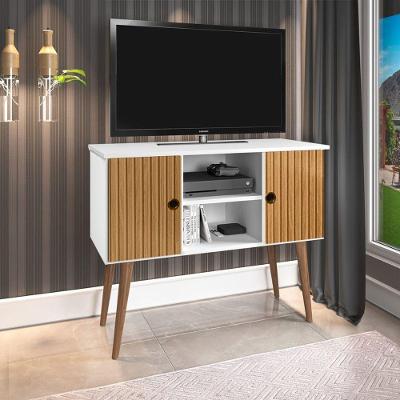 Rack Viena Para Tvs De Até 40 Polegadas Com Pés Em Madeira Maciça - 2 Portas - Branco/ripado