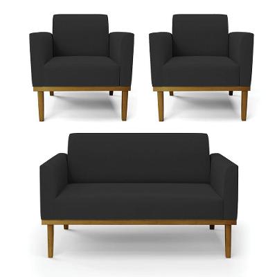 Sofá Namoradeira Com 2 Poltronas Base De Madeira Fixa Castanho Marisa Veludo D03 - D?rossi Cor Preto