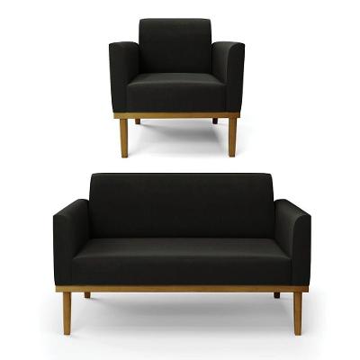 Sofá Namoradeira Com Poltrona Base De Madeira Fixa Castanho Marisa Suede D03 - D?rossi Cor Preto