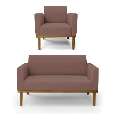 Sofá Namoradeira Com Poltrona Base De Madeira Fixa Castanho Marisa Veludo D03 - D?rossi Cor Rose