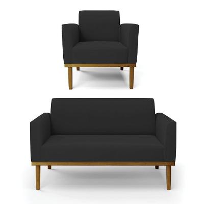 Sofá Namoradeira Com Poltrona Base De Madeira Fixa Castanho Marisa Veludo D03 - D?rossi Cor Preto