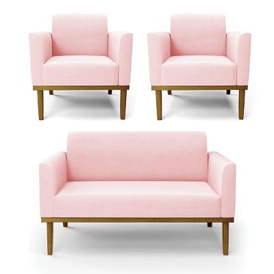 Sofá Namoradeira Com 2 Poltronas Base De Madeira Fixa Castanho Marisa Suede Rosa Bebê D03 - D?rossi