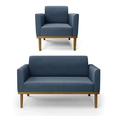 Sofá Namoradeira Com Poltrona Base De Madeira Fixa Castanho Marisa Suede Azul Marinho D03 - D?rossi