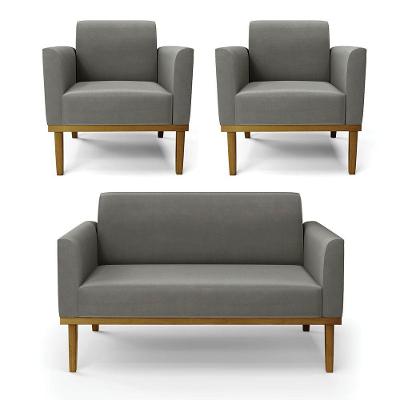 Sofá Namoradeira Com 2 Poltronas Base De Madeira Fixa Castanho Marisa Suede D03 - D?rossi Cor Grafite