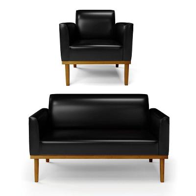 Sofá Namoradeira Com Poltrona Base De Madeira Fixa Castanho Marisa Corano D03 - D?rossi Cor Preto