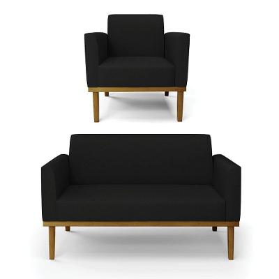 Sofá Namoradeira Com Poltrona Base De Madeira Fixa Castanho Marisa Linho D03 - D?rossi Cor A79 Preto