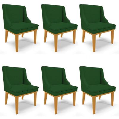 Kit 6 Cadeiras Estofadas Para Sala De Jantar Base Fixa De Madeira Castanho Lia Veludo Verde - Ibiza