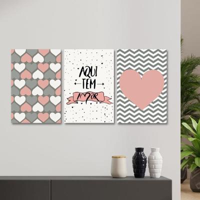 Quadros Decorativos Sala Frase Aqui Tem Amor Kit 3 Placas
