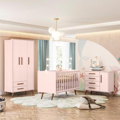 Conjunto Infantil Retrô Rosa Quasar: Berço Quasar Mini Cama + Guarda-roupa Quasar + Cômoda Quasar