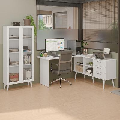 Kit 2 Peças Com Escrivaninha Em L 3 Gavetas E Armário Multiuso Com Vidro Madesa Branco