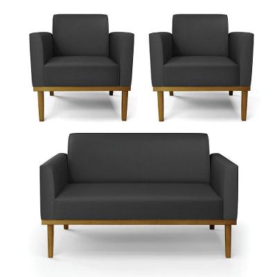 Sofá Namoradeira Com 2 Poltronas Base De Madeira Fixa Castanho Marisa Corino D03 - D?rossi Cor Preto
