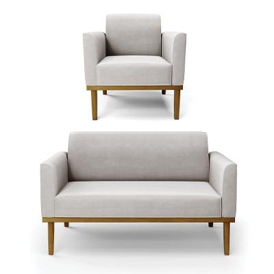 Sofá Namoradeira Com Poltrona Base De Madeira Fixa Castanho Marisa Veludo D03 - D?rossi Cor Cinza