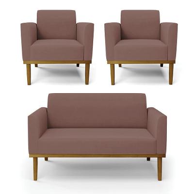 Sofá Namoradeira Com 2 Poltronas Base De Madeira Fixa Castanho Marisa Veludo D03 - D?rossi Cor Rose