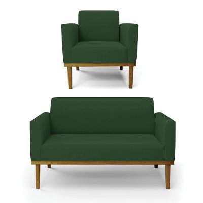 Sofá Namoradeira Com Poltrona Base De Madeira Fixa Castanho Marisa Veludo Verde D03 - D?rossi