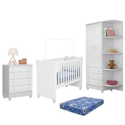 Dormitório Doce Sonho 2 Portas, Cômoda 4 Gavetas E Berço Branco Com Rodízio E Colchão - Qmovi Branco