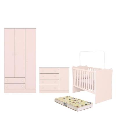 Dormitório Infantil Doce Sonho 3 Portas, Cômoda 1 Porta, Berço Rosa Acetinado E Colchão - Qmovi Rosa Acetinado
