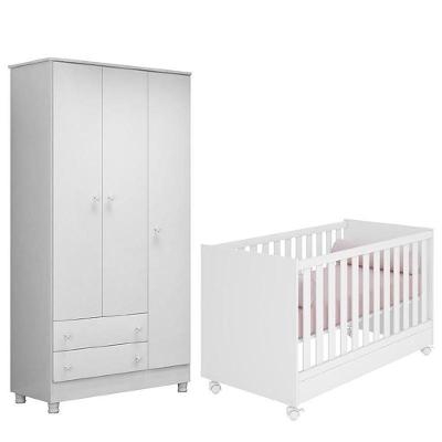 Jogo De Quarto Doce Sonho Guarda Roupa 3 Portas E Berço Mini Cama Branco Com Rodízio - Qmovi Branco