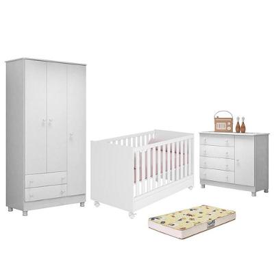 Dormitório Doce Sonho 3 Portas, Cômoda 1 Porta, Berço Mini Cama Branco Com Rodízio E Colchão D18 - Qmovi Branco