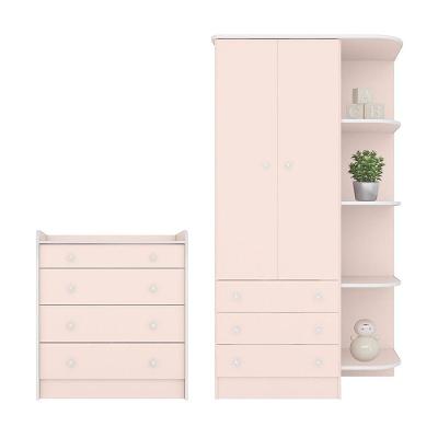 Jogo De Quarto Infantil Doce Sonho Guarda Roupa 2 Portas E Cômoda Trocador Rosa Acetinado - Qmovi Rosa Acetinado