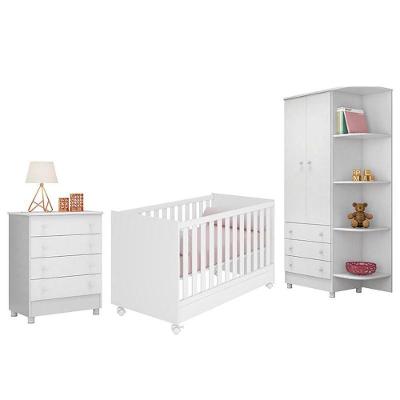 Dormitório Infantil Doce Sonho 2 Portas, Cômoda 4 Gavetas E Berço Mini Cama Branco Com Rodízio - Qmovi Branco