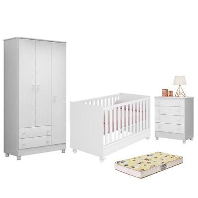 Dormitório Doce Sonho 3 Portas, Cômoda 4 Gavetas, Berço Mini Cama Branco Com Rodízio E Colchão D18 - Qmovi Branco