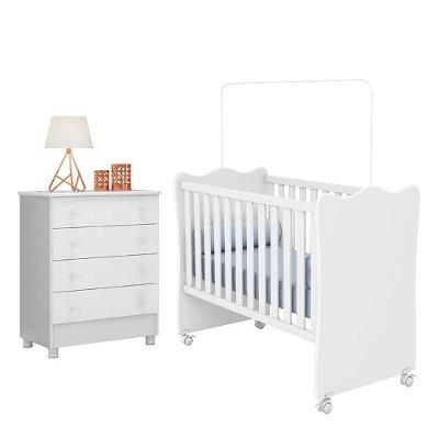 Jogo De Quarto Infantil Doce Sonho Cômoda 4 Gavetas E Berço Branco Com Rodízio - Qmovi Branco
