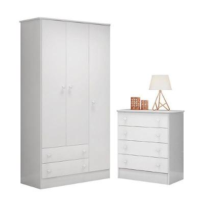 Jogo De Quarto Infantil Doce Sonho Guarda Roupa 3 Portas E Cômoda 4 Gavetas Branco - Qmovi Branco
