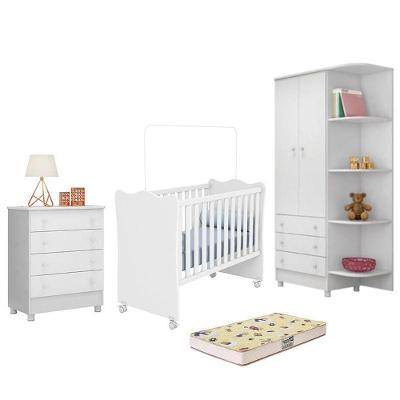 Dormitório Doce Sonho 2 Portas, Cômoda 4 Gavetas E Berço Branco Com Rodízio E Colchão D18 - Qmovi Branco