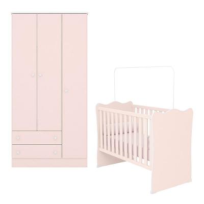 Jogo De Quarto Infantil Doce Sonho Guarda Roupa 3 Portas E Berço Rosa Acetinado - Qmovi Rosa Acetinado