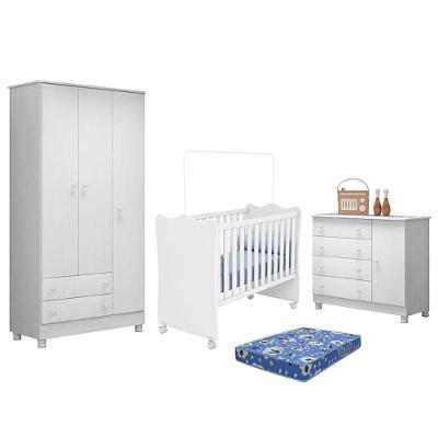 Dormitório Doce Sonho 3 Portas, Cômoda 1 Porta, Berço Branco Com Rodízio E Colchão - Qmovi Branco