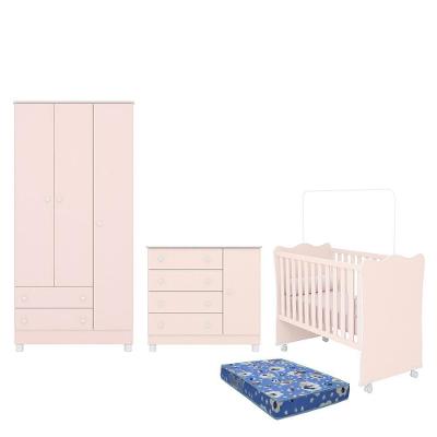 Dormitório Doce Sonho 3 Portas, Cômoda 1 Porta, Berço Rosa Acetinado Com Rodízio E Colchão - Qmovi Rosa Acetinado