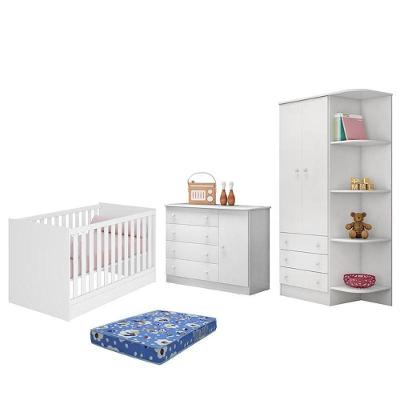 Dormitório Doce Sonho 2 Portas, Cômoda 1 Porta E Berço Mini Cama Branco Com Colchão - Qmovi Branco