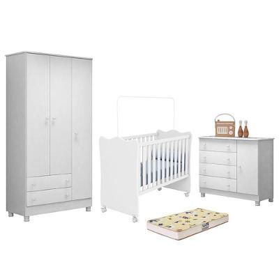 Dormitório Doce Sonho 3 Portas, Cômoda 1 Porta, Berço Branco Com Rodízio E Colchão D18 - Qmovi Branco