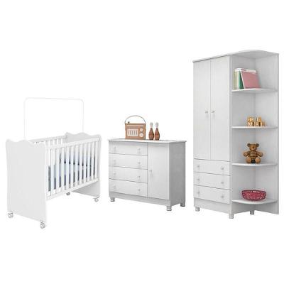 Dormitório Infantil Doce Sonho 2 Portas, Cômoda 1 Porta E Berço Branco Com Rodízio - Qmovi Branco