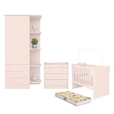 Dormitório Doce Sonho Guarda Roupa, Cômoda Trocador E Berço Rosa Acetinado Com Colchão Supreme - Qmovi Rosa Acetinado