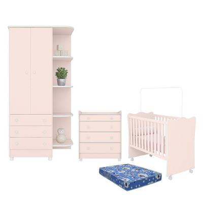 Dormitório Doce Sonho Guarda Roupa, Cômoda Trocador, Berço Rosa Acetinado Com Rodízio E Colchão Baby Physical - Qmovi Rosa Acetinado