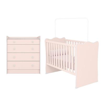 Jogo De Quarto Infantil Doce Sonho Com Cômoda Trocador E Berço Rosa Acetinado - Qmovi Rosa Acetinado