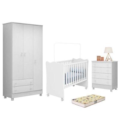 Dormitório Doce Sonho 3 Portas, Cômoda 4 Gavetas, Berço Branco Com Rodízio E Colchão D18 - Qmovi Branco